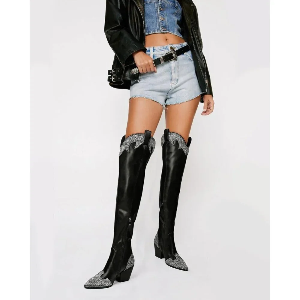 Women Black - Pu Polyurethane (PU)Black Thigh High Pointed Toe Chunky Heel Boots
